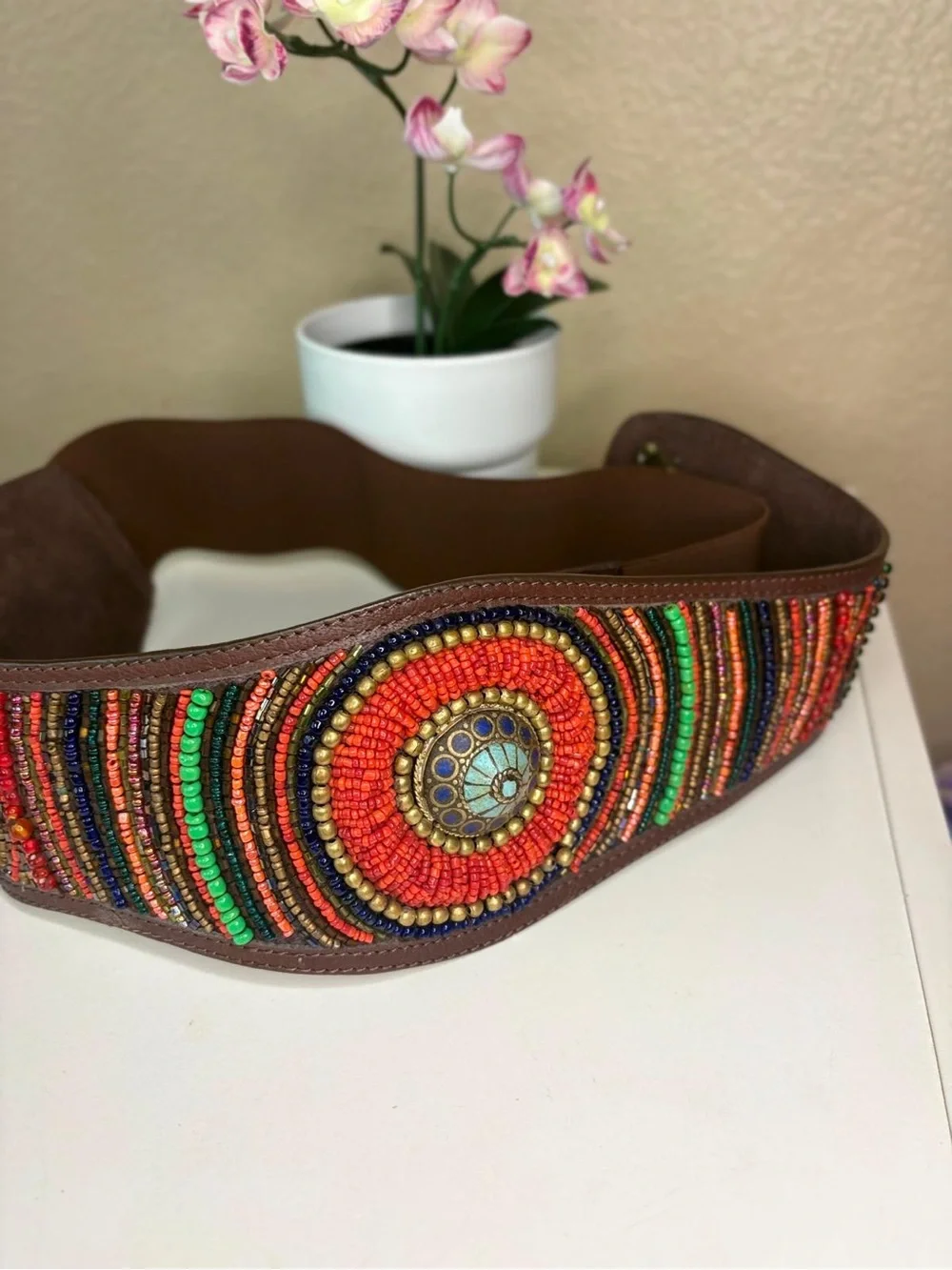 Boho Beaded Wide Leather Statement Belt Turquoise Concho Cowrie Shells